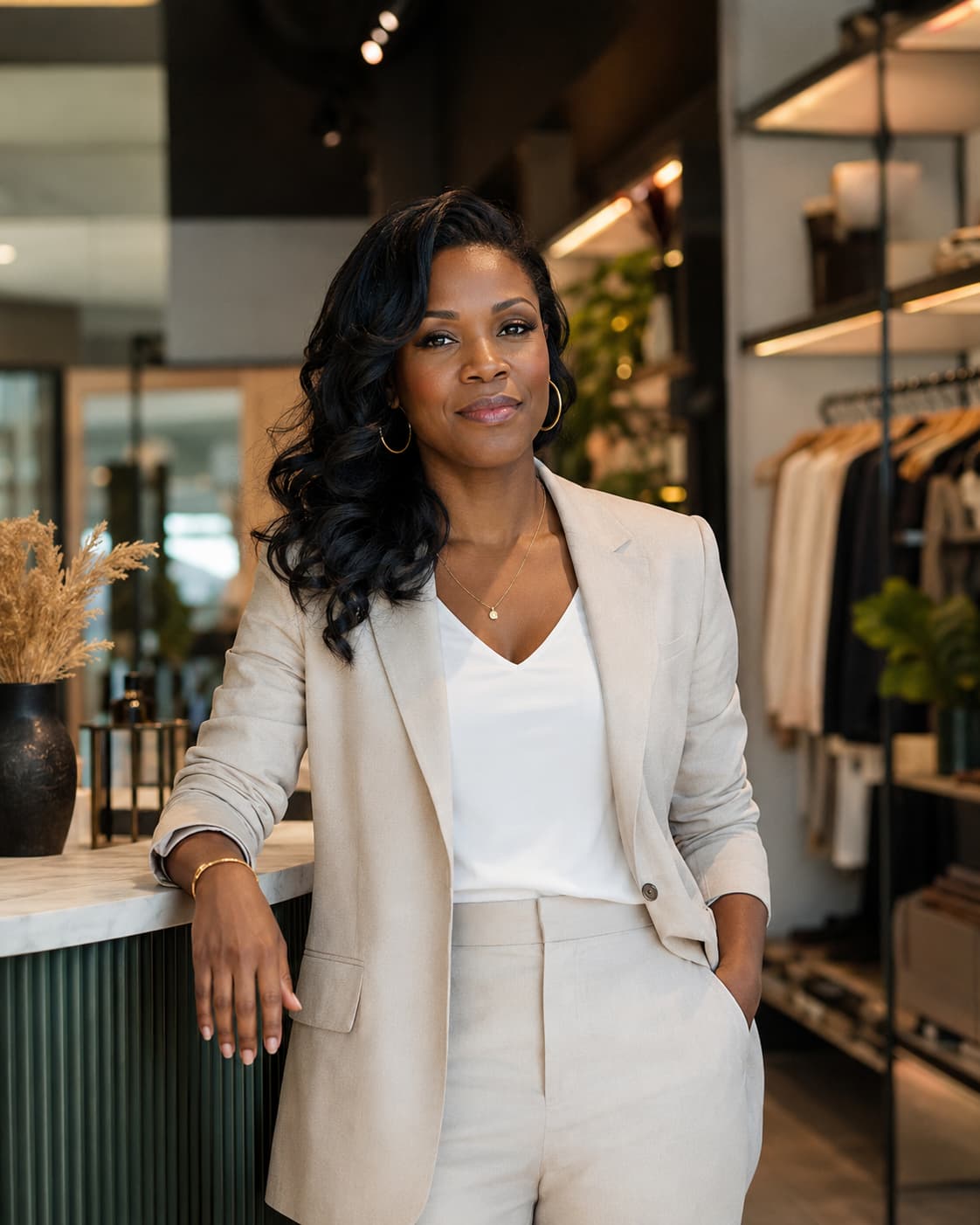 Boutique owner at the counter of her shop