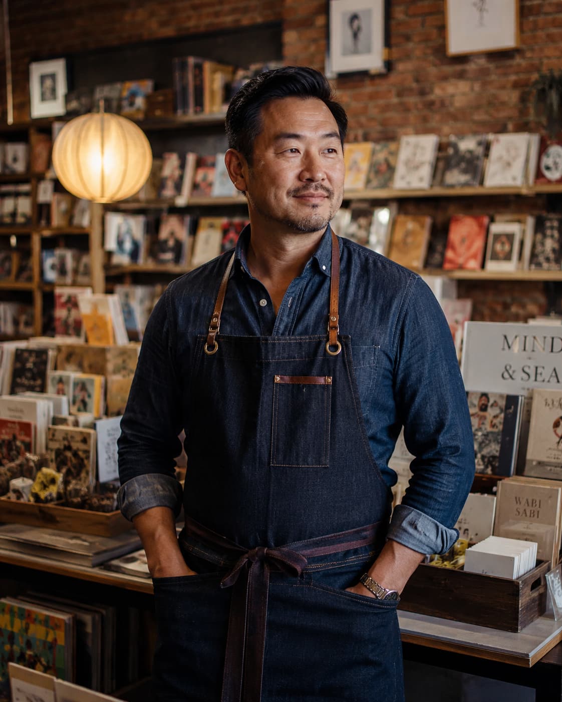 Bookshop owner among the shelves